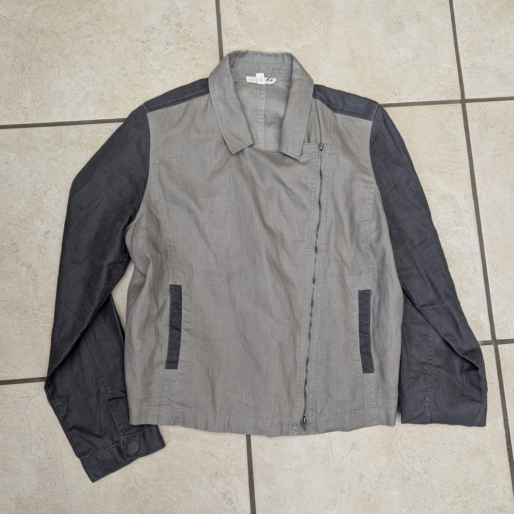 Eileen Fisher Linen Women's Gray and Tan Moto Jacket